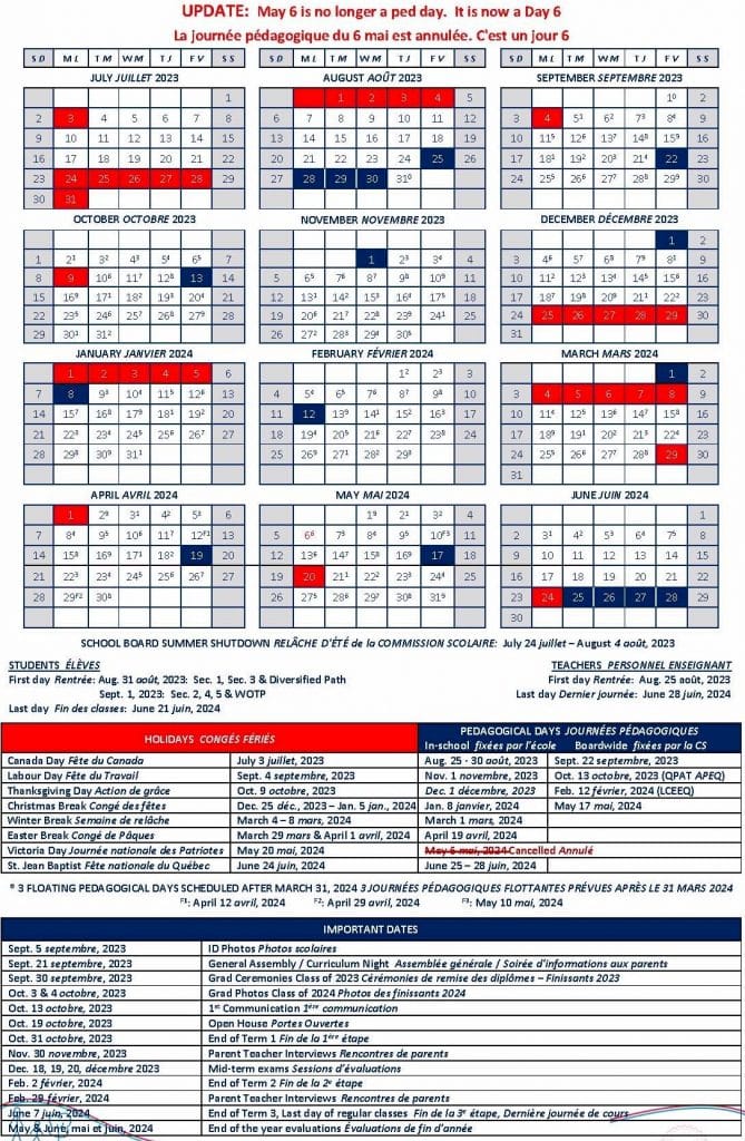 Calendrier scolaire 1 RHS Calendar 2023 2024 revised 2